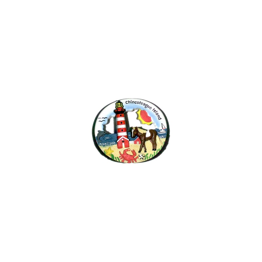 [33409] MAGNET RESIN CHINCOTEAGUE ISLAND WITH HORSE RED LIGHTHOUSE
