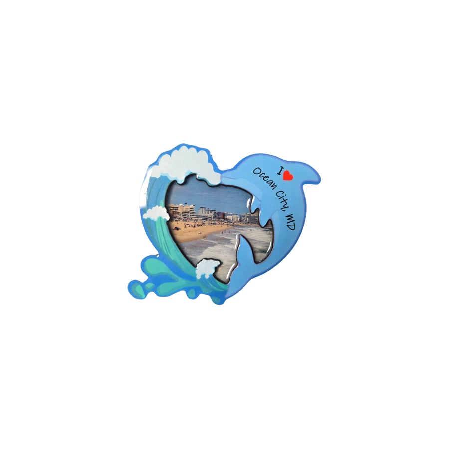 [58332] DOLPHIN HEART OC OCEAN CITY AERIAL EPOXY 2-LEVEL DECO MAGNET