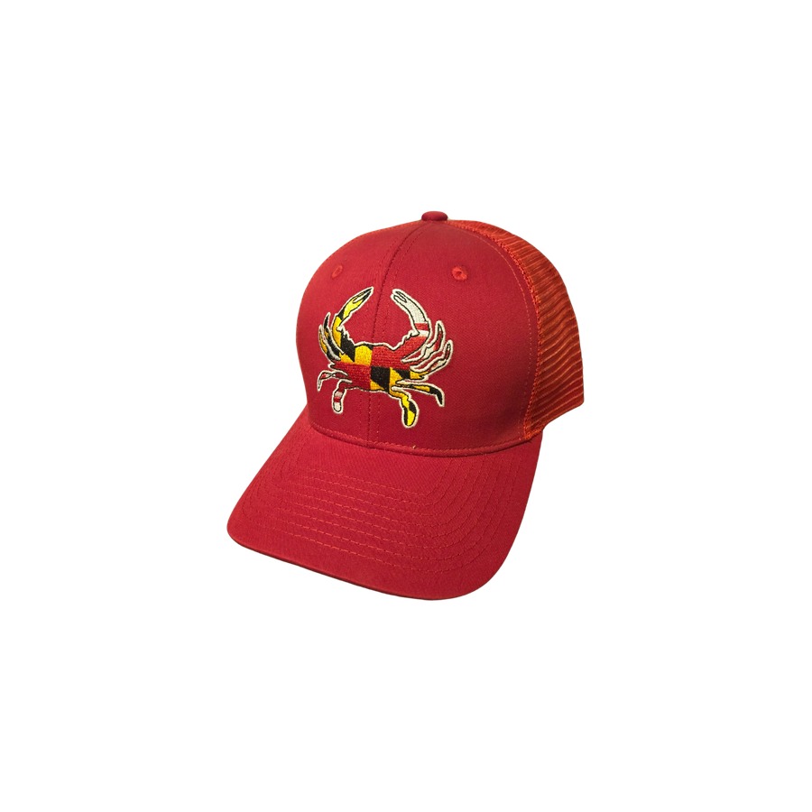 RED (928) MD CRAB FLAG SMOOTH COTTON TRUCKER HAT W/ RED MESH BACK & SNAPBACK