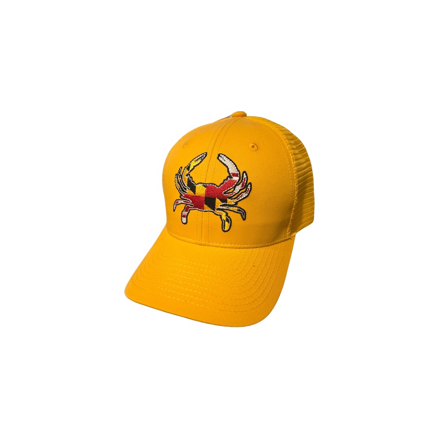 [66348] YELLOW (10) MD CRAB FLAG SMOOTH COTTON TRUCKER HAT W/ YELLOW MESH BACK & SNAPBACK