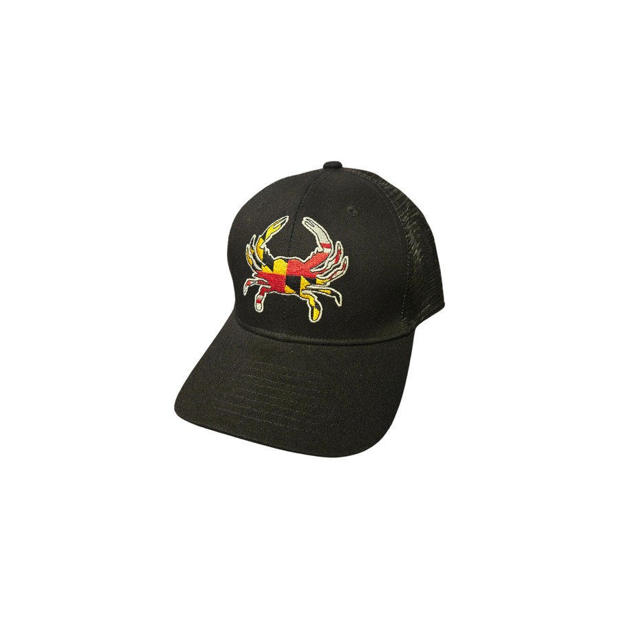 [66349] BLACK (41) MD CRAB FLAG SMOOTH COTTON TRUCKER HAT W/ BLACK MESH BACK & SNAPBACK
