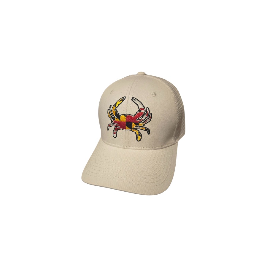 [66350] WHITE (1) MD CRAB FLAG SMOOTH COTTON TRUCKER HAT W/ WHITE MESH BACK & SNAPBACK