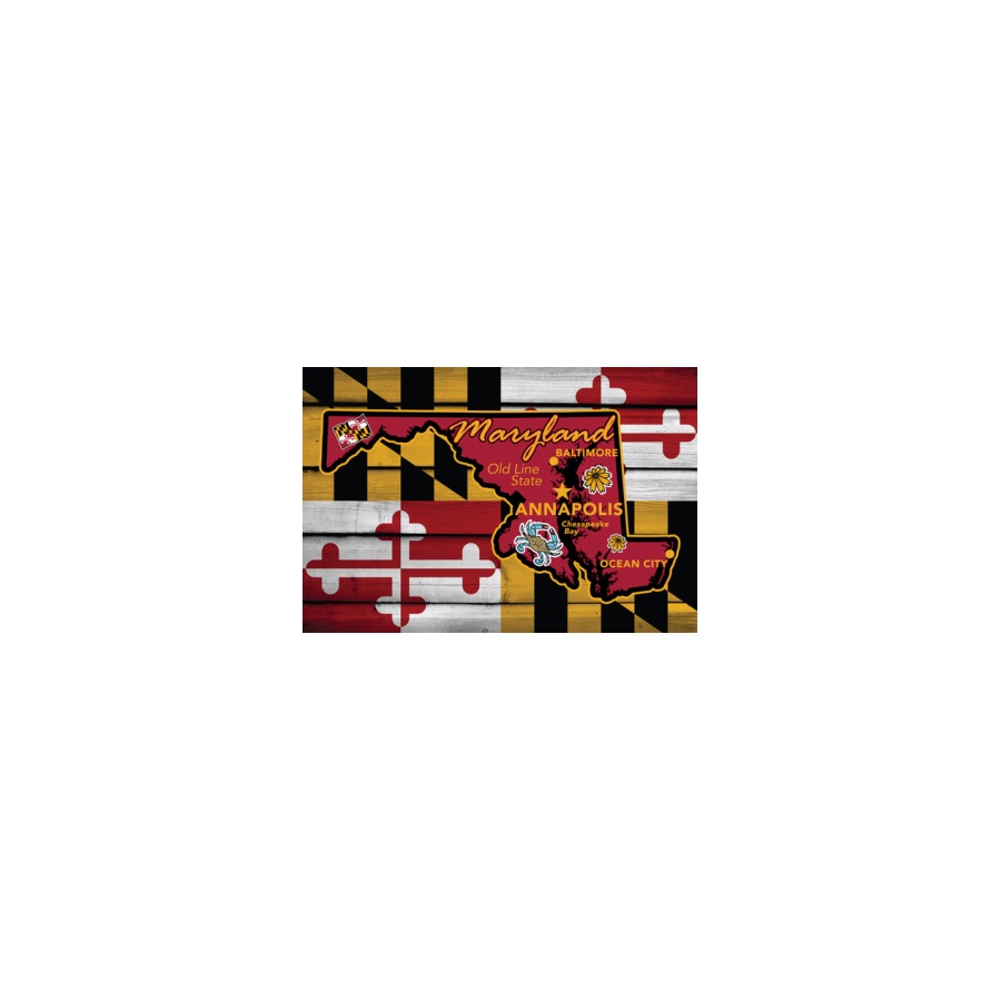POSTCARD WOOD MD FLAG / STATE OUTLINE ICONS MARYLAND