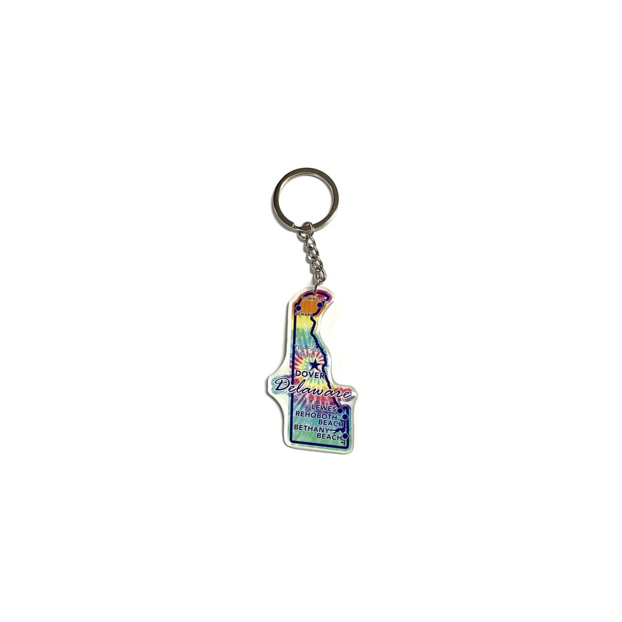 DELAWARE STATE OUTLINE TIE DYE EPOXY DIE CUT KEYRING DE